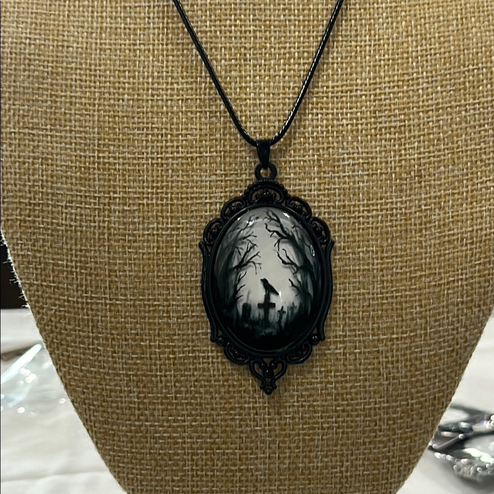 Gothic Pendant Necklace with Raven and Cemetary 2.5”​
